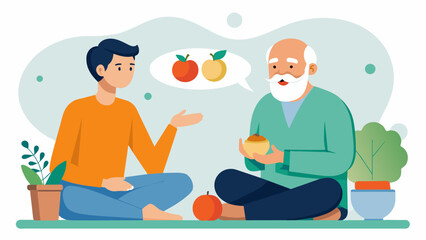 A nutritionist and an elderly man discuss incorporating mindfulness practices and stressreducing foods into his personalized nutrition plan to support his mental and emotional. Vector illustration