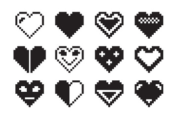 Black ink abstract and isolated assorted pixelated heart icons design elements set poster on white background