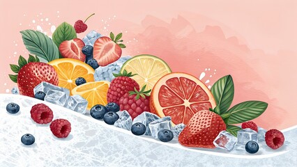 "A fresh summer-themed banner without  the text  Colorful berries (strawberries, raspberries, blueberries) and sliced citrus fruits (lemon, orange, grapefruit) on a bed of ice. 