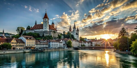 Obraz premium Thun Castle Silhouette, Swiss Alps Sunset, Aar River, Medieval Town, Bern Canton, Switzerland Photography