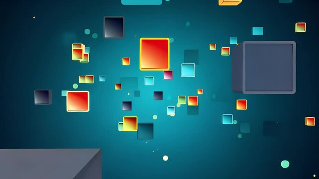 Vibrant abstract background featuring floating squares in shades of orange, blue, and black, creating a lively and dynamic visual effect.