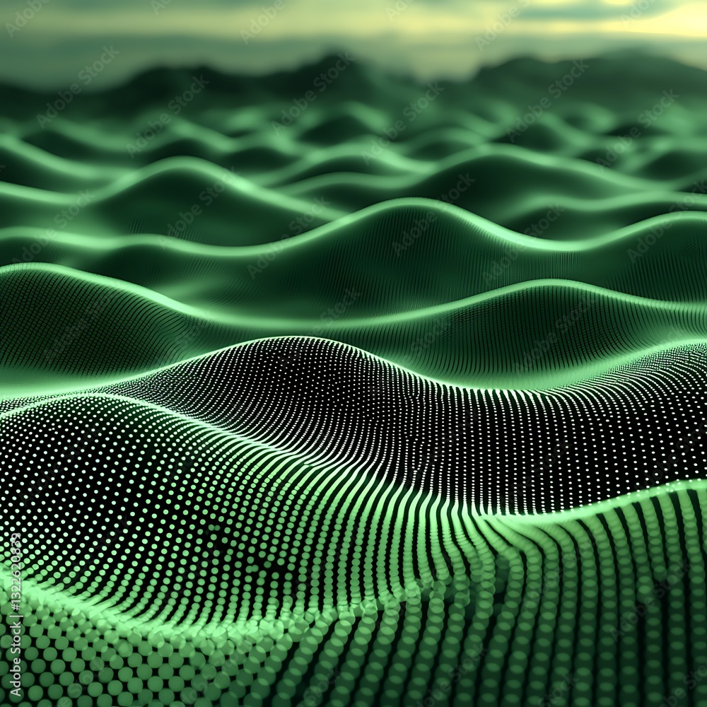 Poster abstract depiction of undulating green waves with a mountainous backdrop