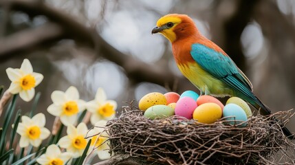 A colorful kite bird perched on a branch next to a nest filled with colorful Easter eggs, surrounded by blooming daffodils. 