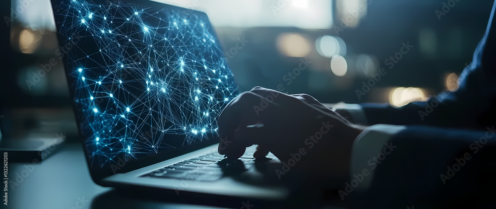 Poster digital network interface: a close-up shot of a person typing on a laptop. the screen displays an in