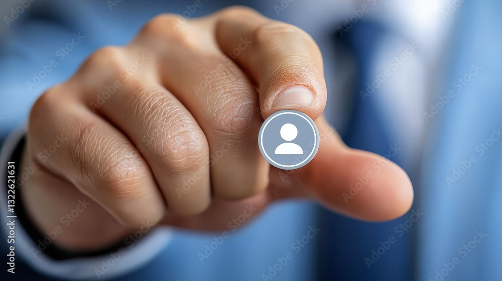 Poster finger activating futuristic digital interface button, seamless integration of technology and human 