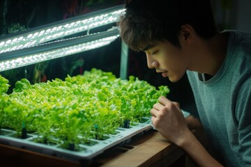 Obraz premium Young Man Inspecting Indoor Lettuce Garden