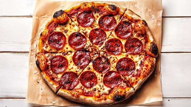 A freshly baked pepperoni pizza sits on a rustic wooden table, showcasing a thick, golden crust topped with spicy pepperoni slices. The warm cheese is melty and inviting. - Powered by Adobe