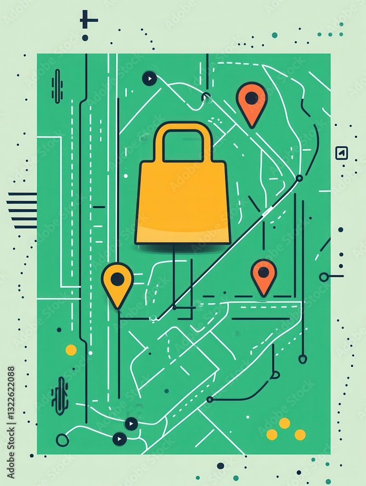 Poster elegant illustration of a delivery route map featuring grocery bag icon and location pins in clean d