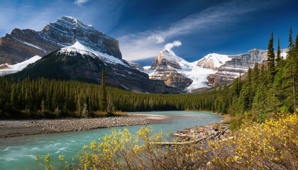Verdant Valleys of the Canadian Rockies A Breathtaking Alpine Panorama with Snowcapped Peaks Bathed in the Warm Glow of Spring, Capturing the Essence of Natures Rebirth amidst Majestic Mountain