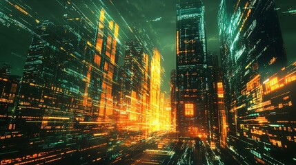 Futuristic Financial Tech Cityscape in Green and Orange for Professional Designs
