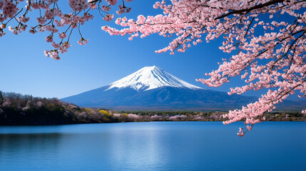 Fototapeta premium Blooming Sakura with Majestic Mount Fuji and Azure Sky 