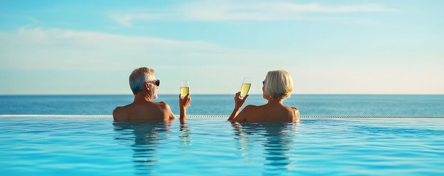 Mature couple enjoys drinks while relaxing in infinity pool
