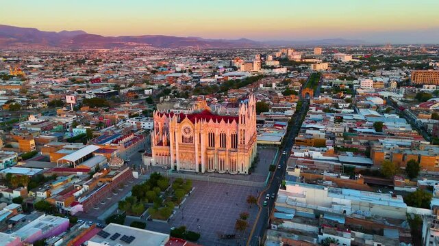 Leon, Guanajuato. Mexico, January 29, 2025: Aerial view of the Expiatory Temple at sunset, symbol of the city of Leon Guanajuato for its neo-gothic style.