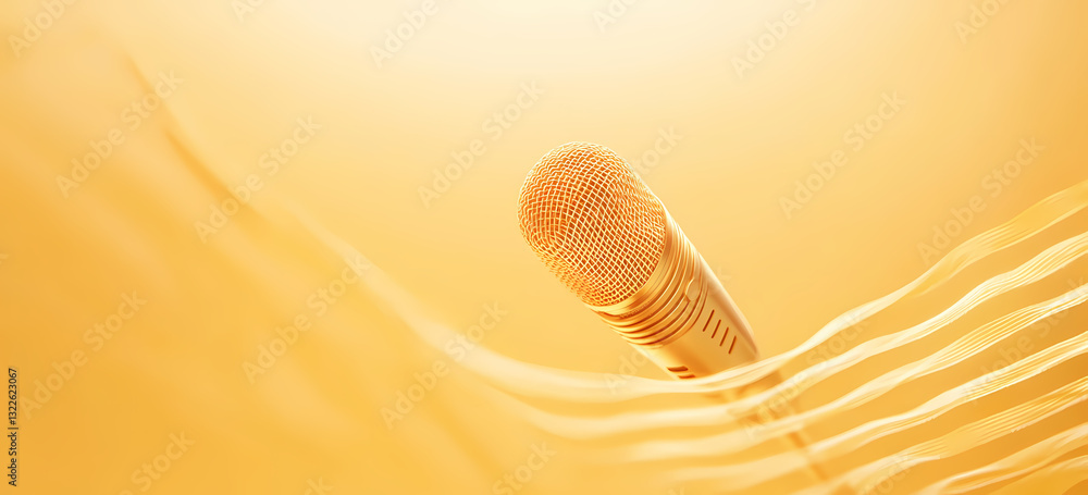 Poster Golden Mic in Abstract: A professional microphone resting amidst flowing golden fabric. capturing the elegance and simplicity in a unique visual setting.