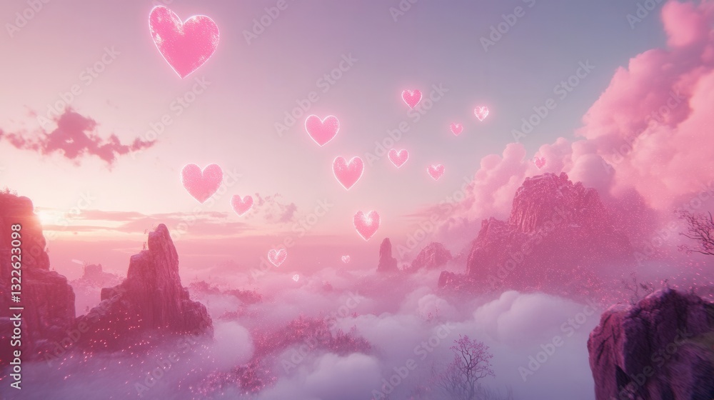 Aufkleber Delicate heart-shaped clouds float in a dreamy pink sky over a mystical landscape at twilight with subtle glimmers of light