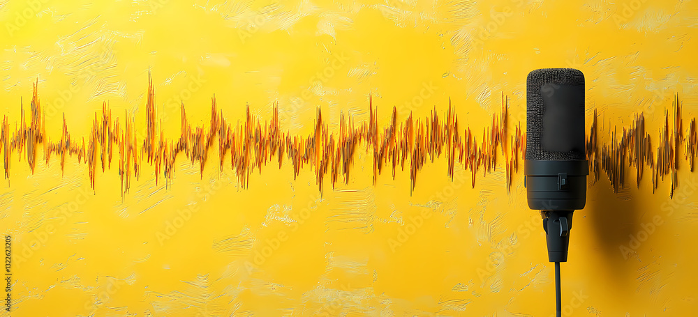 Poster sound wave analysis: a professional microphone and visual representation of a sound wave are depicte