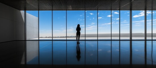 Silhouette of a Woman Contemplating a Cityscape Through Expansive Windows