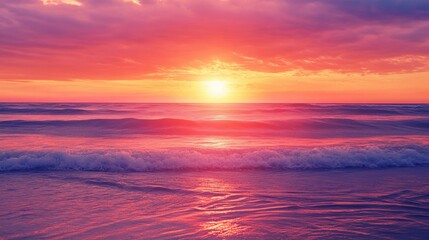 Fototapeta premium Vibrant Sunset over Ocean Waves with A Serene Coastal Scene
