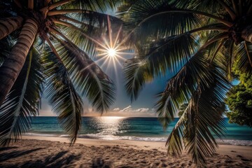 Obraz premium Tropical Beach Paradise: Calm Ocean, Lush Palms, Sandy Shore - High-Res Photo