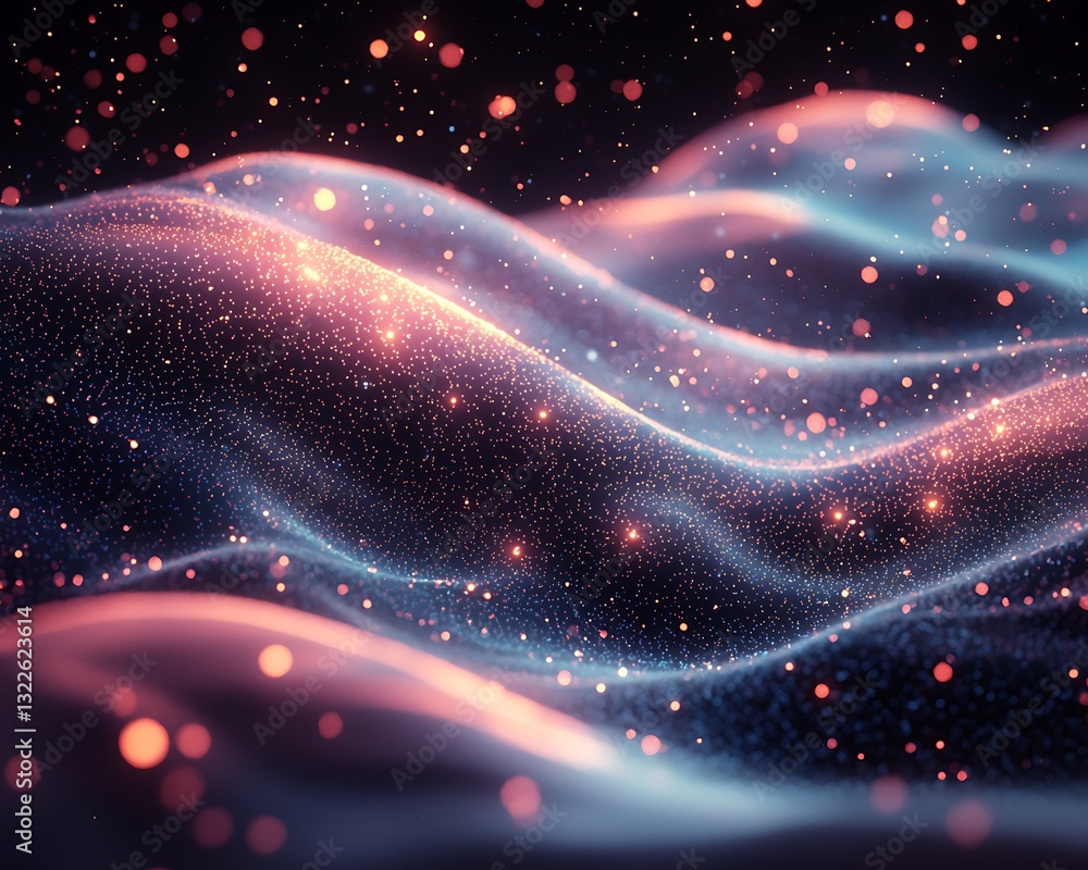 Poster abstract swirling waves of light with glowing sparkling particles