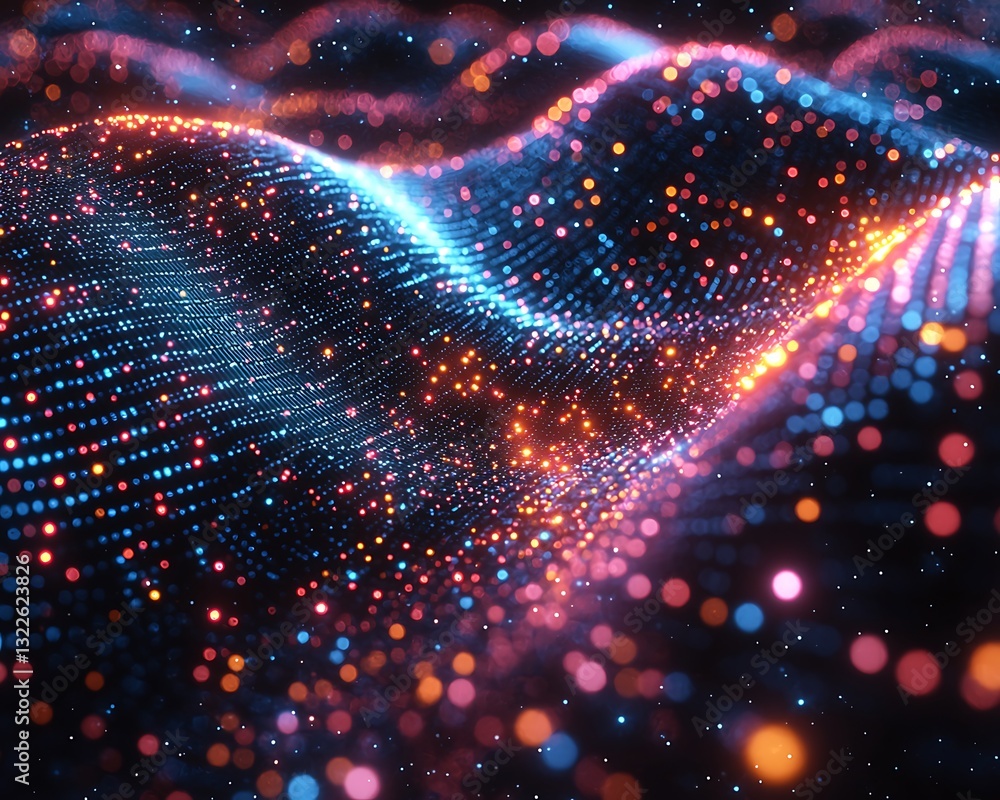 Poster abstract visualization of interconnected data points forming a digital landscape