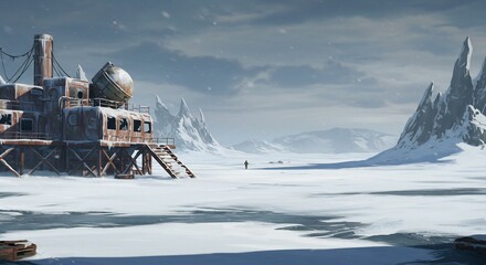 Obraz premium Lonely Figure Walks Frozen Wasteland Near Derelict Outpost. AI Generated