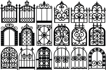 Wrought iron fence black silhouette Iron border isolated on white background