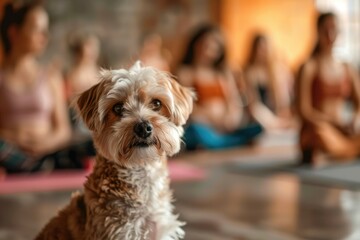 Sharp Picture of Woman Holding Dog in Yoga Class with Space for Text