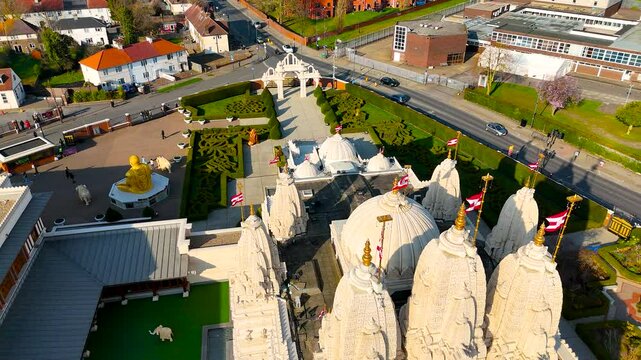 Aerial view of Hindu temple of BAPS Shri Swaminarayan Mandir in Wembley, London, UK