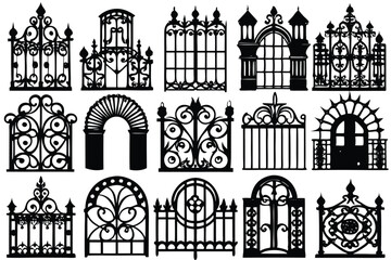 Wrought iron fence black silhouette Iron border isolated on white background