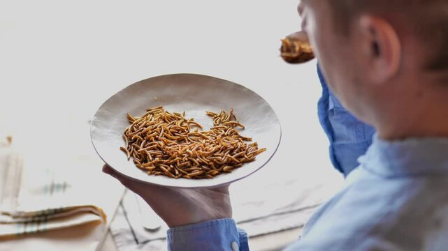Mealworm foods.man with a plate of mealworms.Spoonful of Edible Insects on a Plate. Insect food.Insect protein. 4k footage