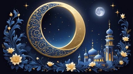 Arabic Ornamental Patterned  Eid Mubarak Islamic greetings background of Islamic Mosque, Design Greeting Card for Ramadan Kareem
