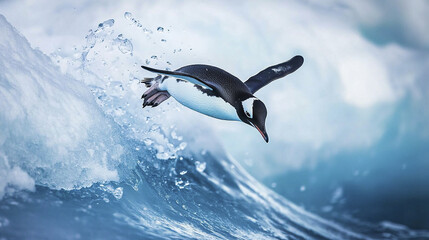Fototapeta premium penguin dives gracefully into icy ocean, splashing water
