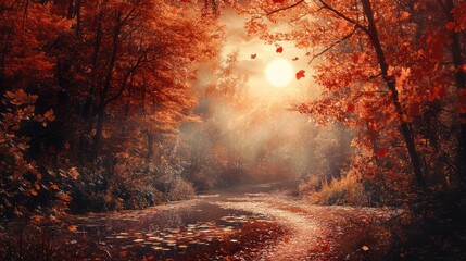 Beautiful orange autumn forest scene with bright sun reflection on water