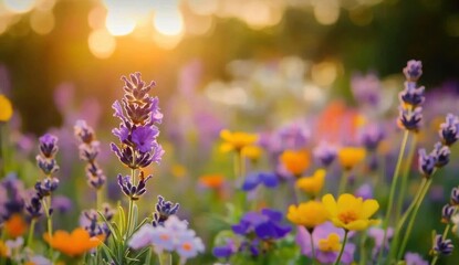 Vibrant wildflowers bathed in warm sunset light. Lavender, yellow, and orange blossoms dominate a field, creating a peaceful, idyllic scene. Soft