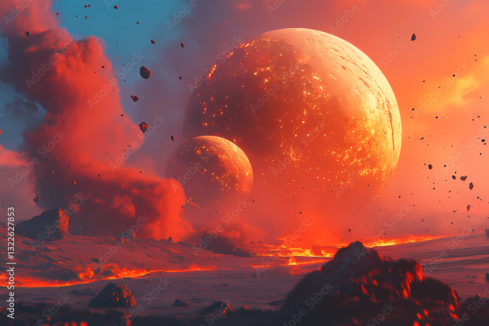 Poster celestial encounter: an otherworldly scene unfolds with fiery planets dominating the horizon, castin