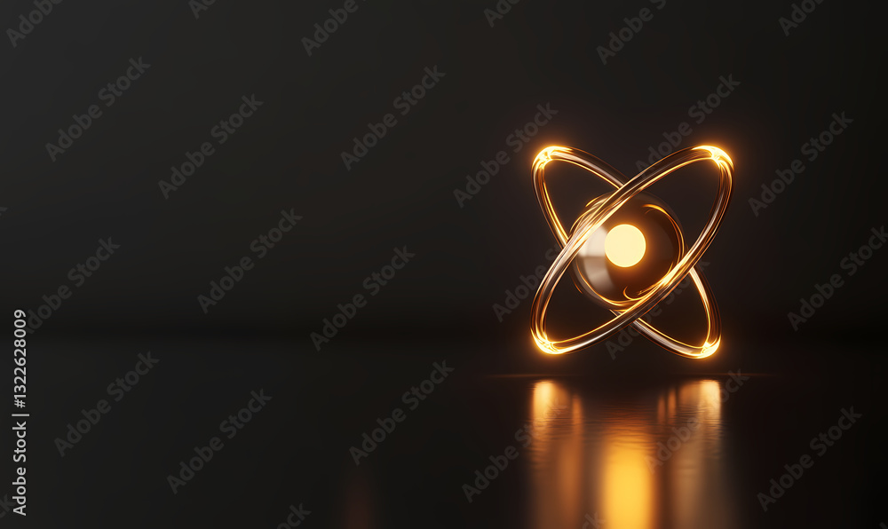 Poster illuminating atom: a luminous golden atom model radiates with an ethereal glow against a dark backdr