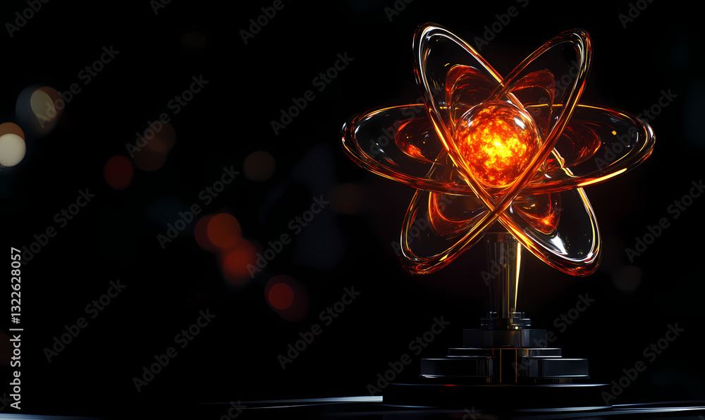 Poster orbital elegance: a captivating macro shot of a glowing atom model against a dark backdrop, symboliz