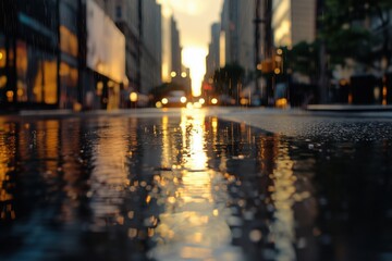 Rain in the city, beautiful spring cityscape, golden hour, abstract background