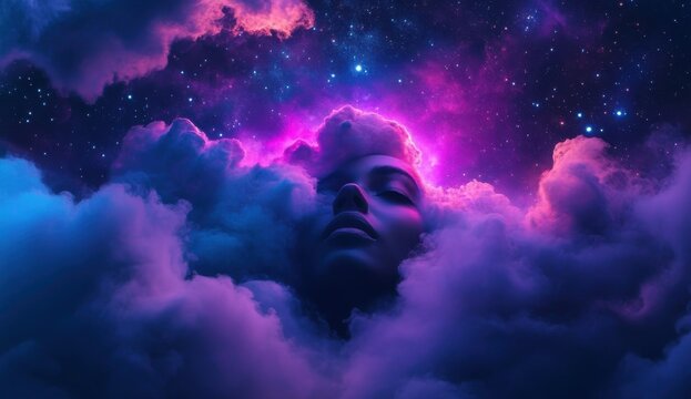 Surreal portrait of a woman's face emerging from clouds, bathed in vibrant pink and purple cosmic nebula. Dark, moody atmosphere