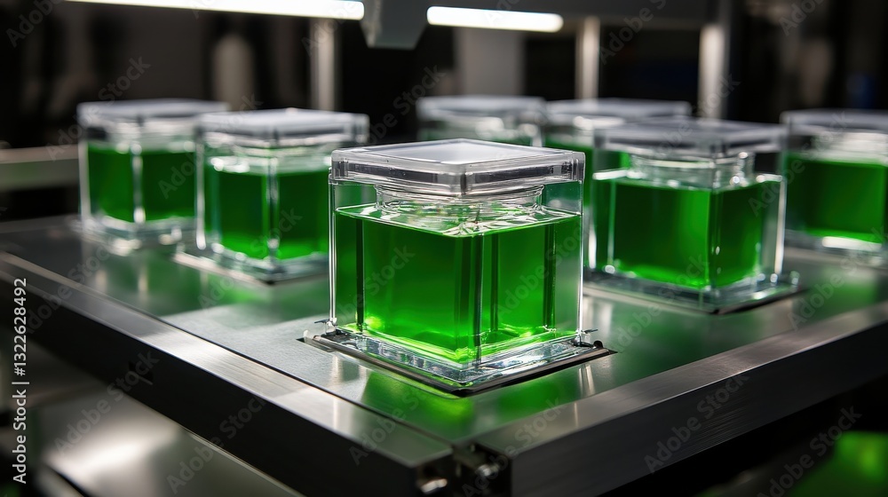 Poster transparent containers filled with vibrant green liquid on a modern display table in a laboratory se