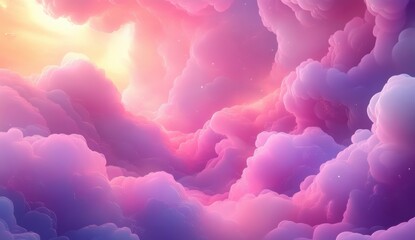 Pink, purple, and orange clouds fill the frame, lit by a warm, golden light source. Sparkling particles are visible throughout the clouds, creating a