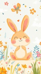 Smiling rabbit sitting in a field surrounded by flowers and a butterfly
