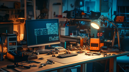 Tech Workspace: A workspace filled with computers, devices and circuits. The scene is awash in soft light, creating a sense of focus and creativity. 