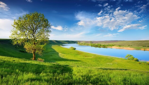 Spring Meadow with Tree on Shoreline along River Seret, Ukraine Vivid Springtime Blossoms Illuminate Serene Scene, Perfect for Natureinspired Digital Art or Home Decor.