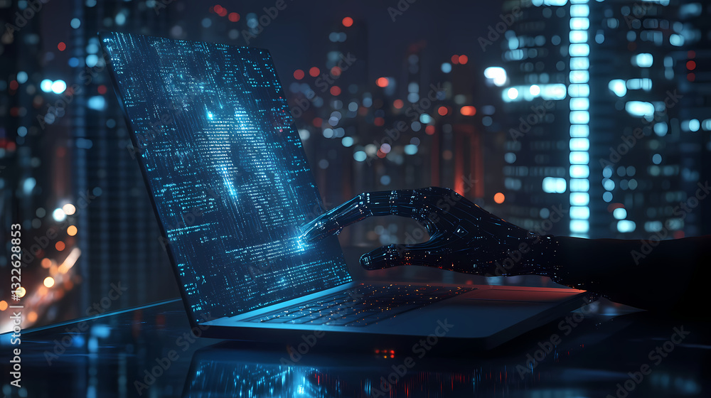 Poster digital interface: a close-up of a futuristic laptop displays an intricate digital interface, with a
