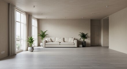 Obraz premium Serene neutral living room subtly lit showcasing minimalist design. AI Generated