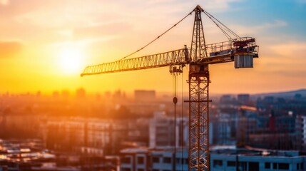 Construction Crane Silhouette at Sunset Over Cityscape