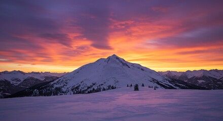 Majestic snowcapped mountain glows vividly under fiery sunset sky. AI Generated