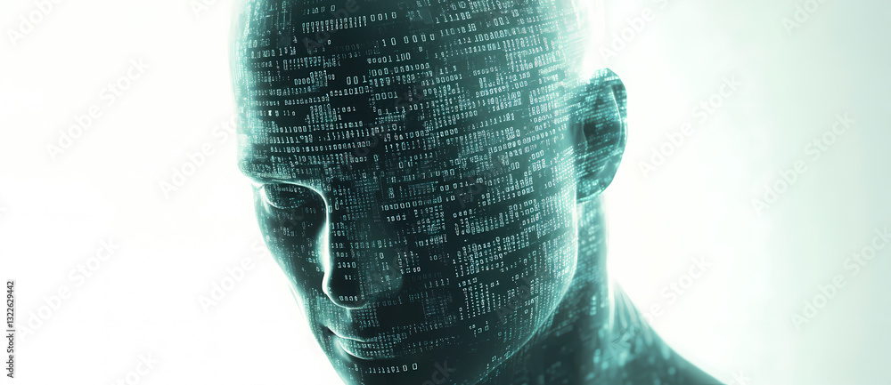 Poster digital mind: a captivating image of a human head overlaid with intricate digital code, symbolizing 